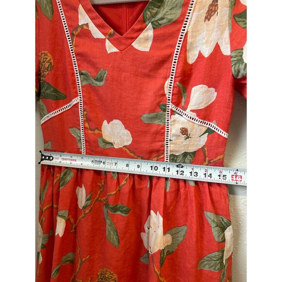 Roolee 100% linen V-neck Fit Flare Women's Red Floral Magnolia Dress Size Small - Picture 9 of 11